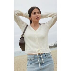 John Galt White Button Front Tie Cardigan Wool Angora Blend‎ White One Size